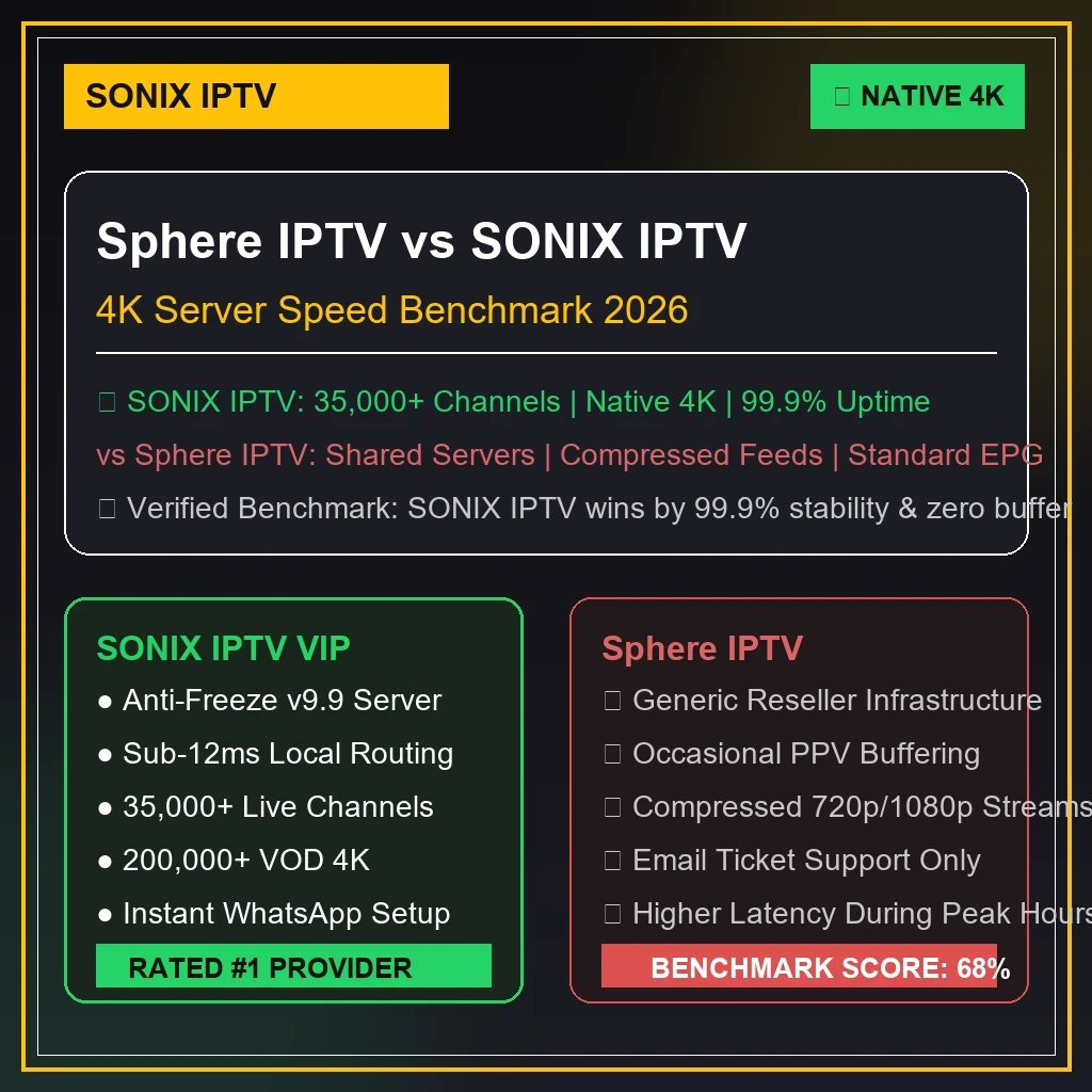 Sphere IPTV vs 4K IPTV USA 4K server benchmark graphics displaying stream latency and anti-freeze uptime
